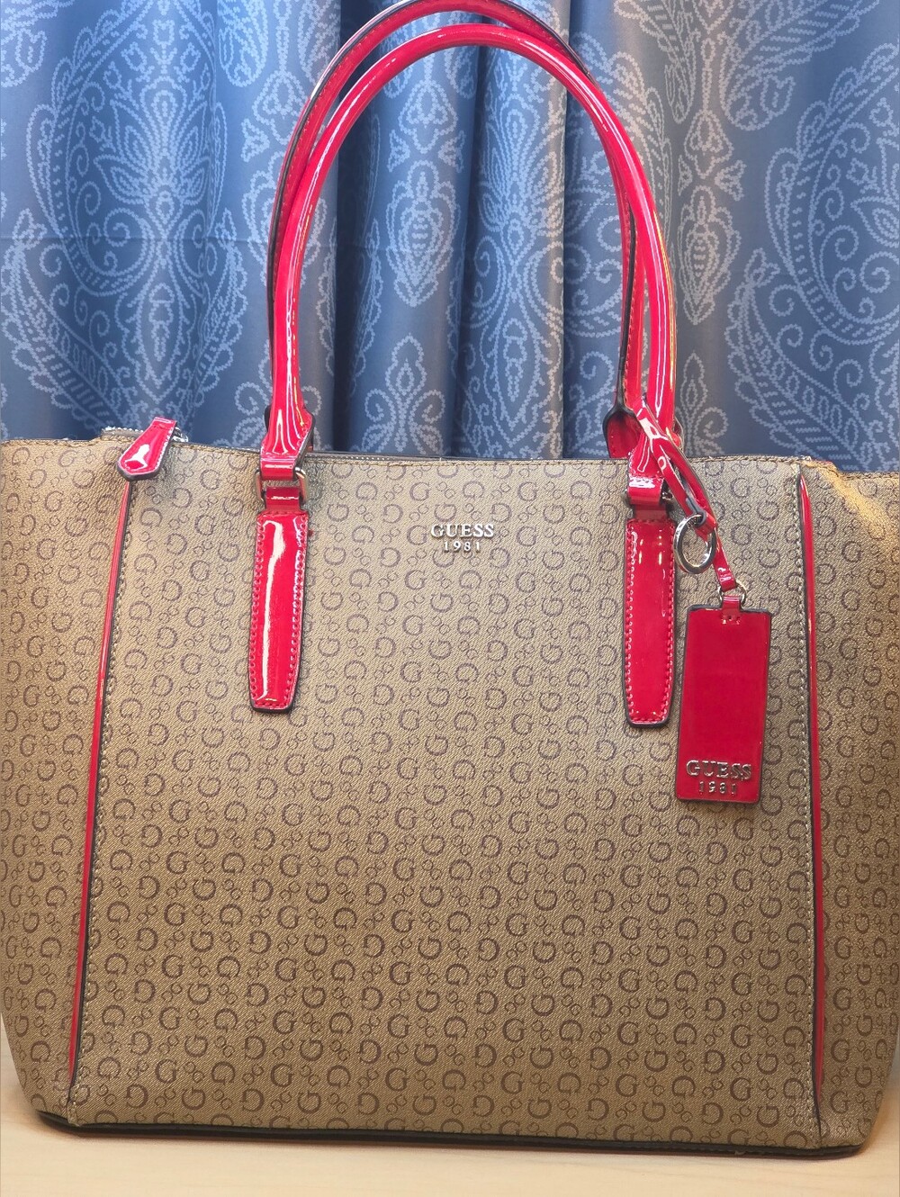 GUESS 1981 Mocha Monogram Satchel Tote Bag Red Trim | Style SV684225